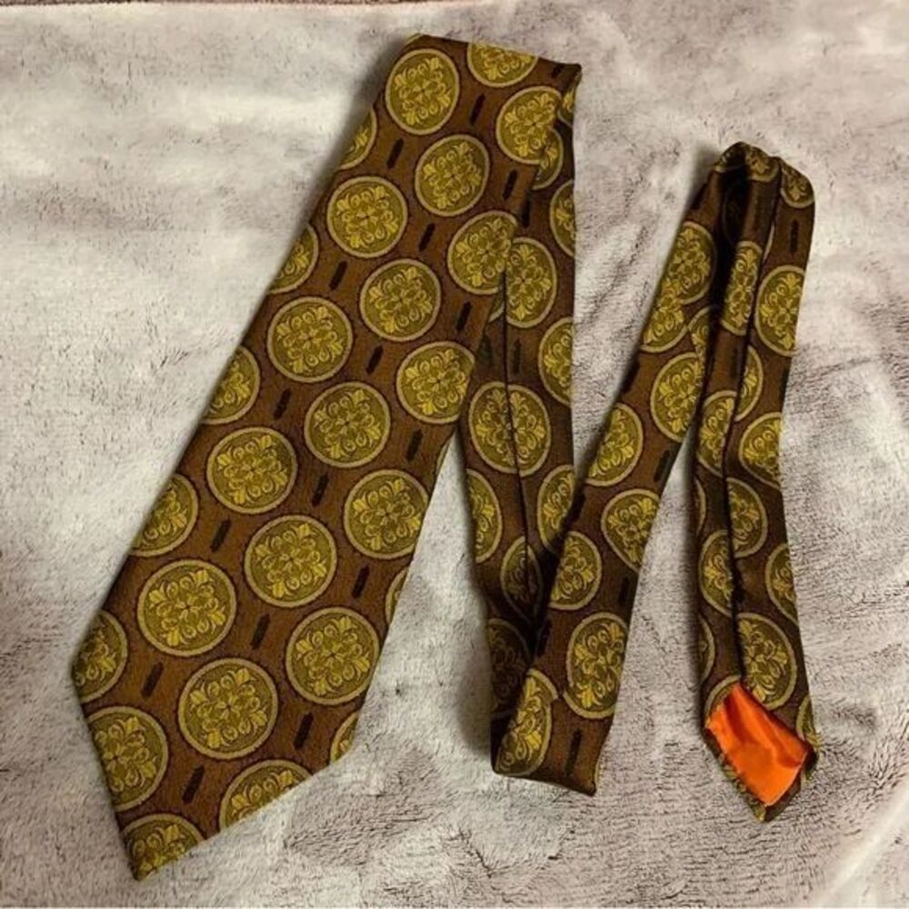 Travatta D'Este Necktie‎ Medallion Print Brown Gold Vintage Italy Made Acetate